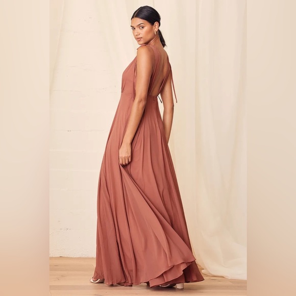 Lulus S Dusty Pink Flowy Maxi Dress Gown Deep V Low Back Bridesmaid Prom - Picture 14 of 14